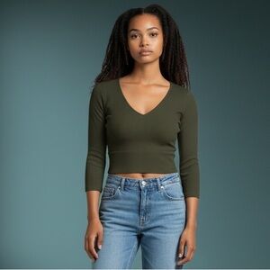 Olive V-Neck Ribbed Stretch Crop Top, one size